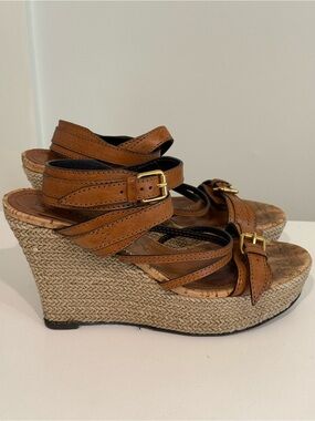 Burberry Vintage Luggage Brown Leather Espadrille Wedge Sandals EU 40